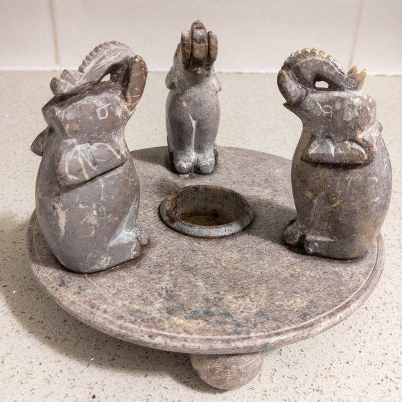 Carved Elephant Candle Holder Natural Stone Boho Large Heavy Base Taupe Brown - Picture 1 of 4